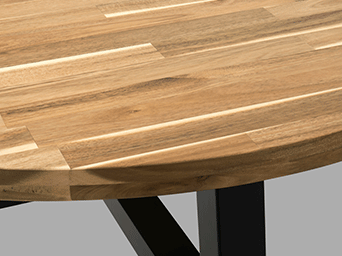 Close-up of a solid wood tabletop with a visible natural grain and a rounded edge, supported by a black metal trestle leg.
