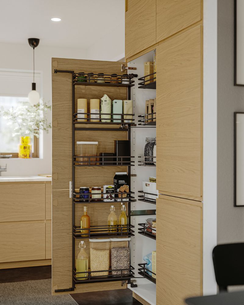 Modern kitchen with METOD pantry cabinet, VOXTORP door fronts and IKEA 365+ jars neatly organized.