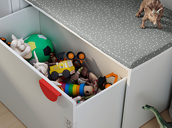 Storage bench with the drawer open and toys inside