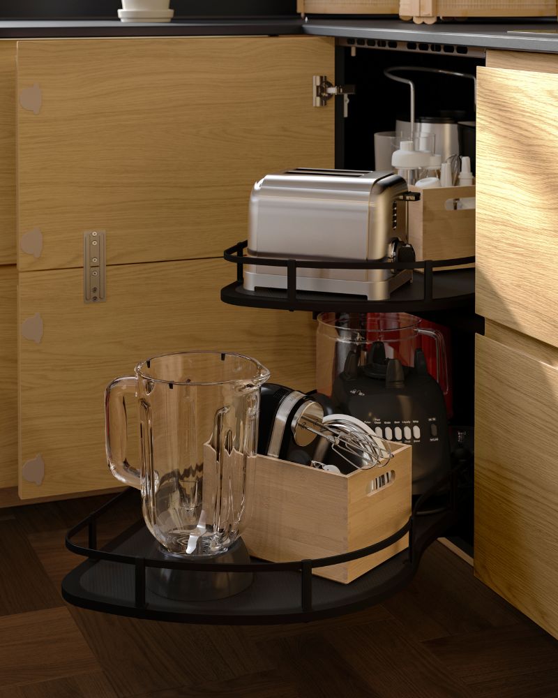 Functional corner kitchen cabinet with IKEA METOD base unit featuring UTRUSTA pull-out corner accessory for smart storage.