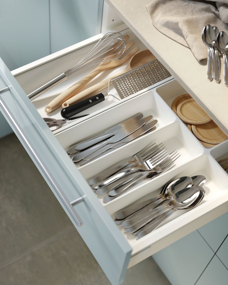 Cajón de cocina moderno con bandejas UPPDATERA, cubertería DRAGON, utensilios RÖRT y encimera JÄRSTORP.