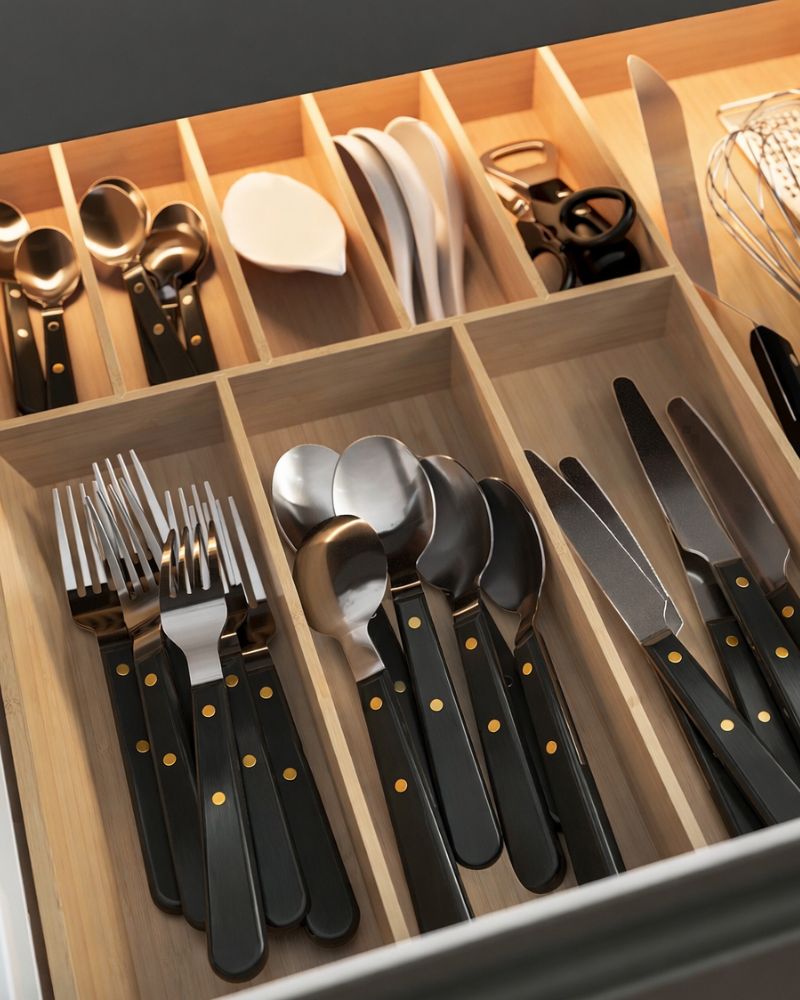 Cajón de cocina organizado con cubertería DOFTSKÖLD y bandejas para cubiertos UPPDATERA, con un diseño elegante y práctico.