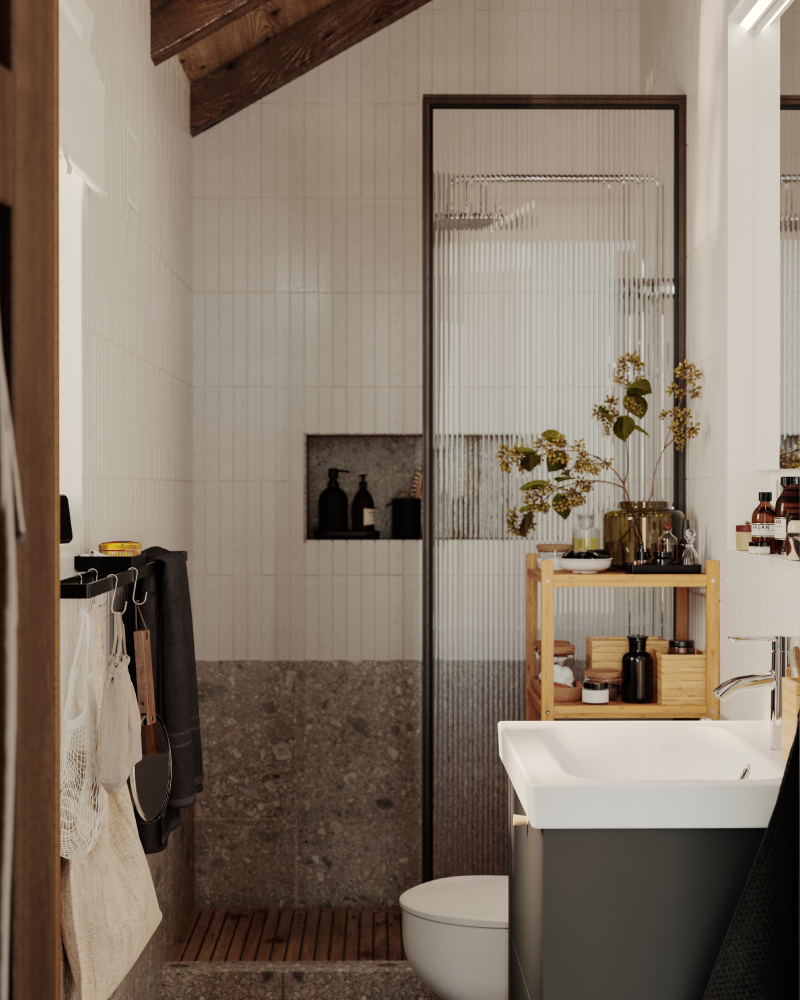 Baño moderno de estilo natural con ducha walk-in, lavabo blanco y estantería de madera.