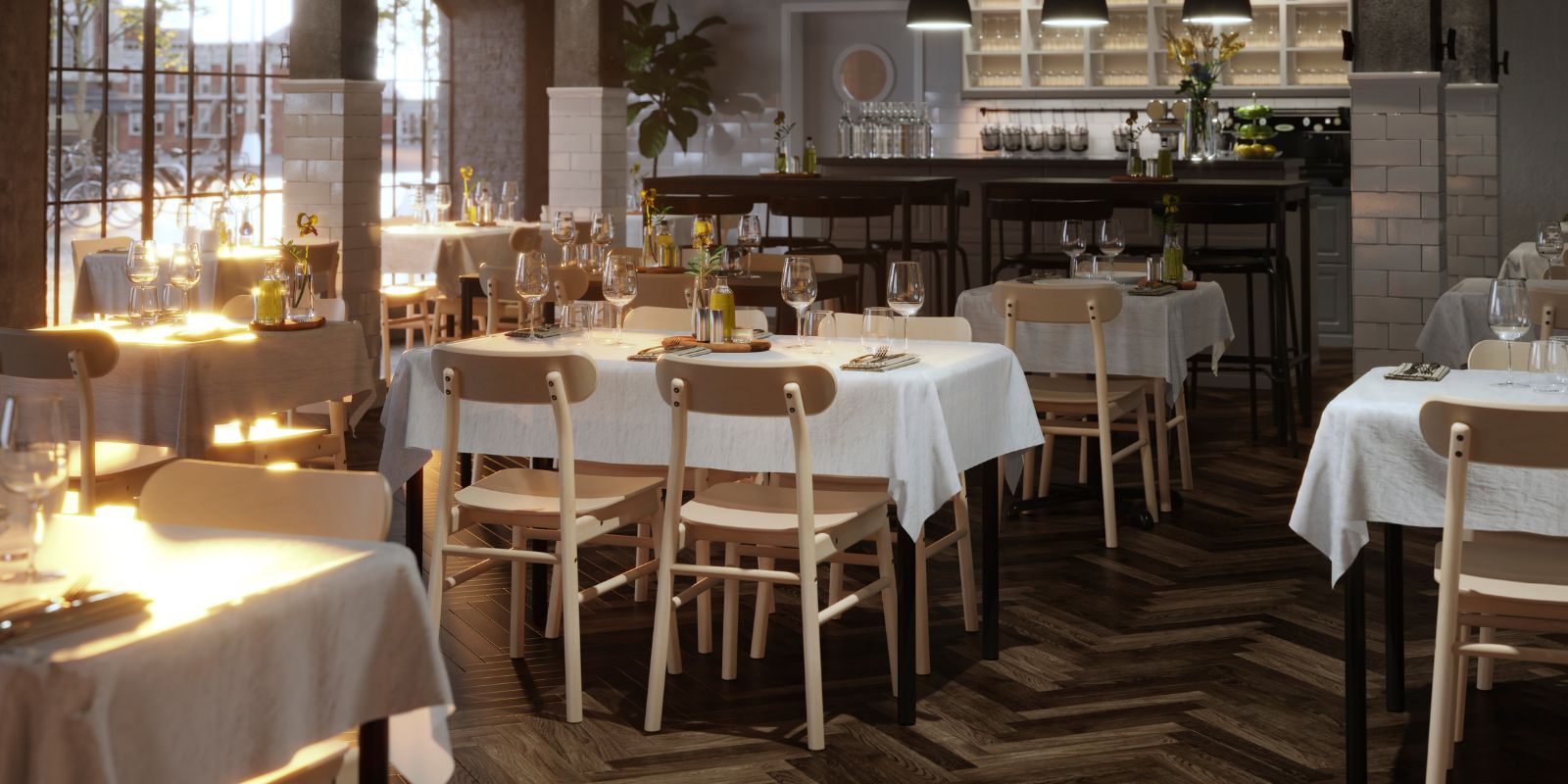Cozy restaurant with STRANDTORP extendable table, RÖNNINGE chairs, HEKTAR pendant lamp and SILVERARV tablecloth.