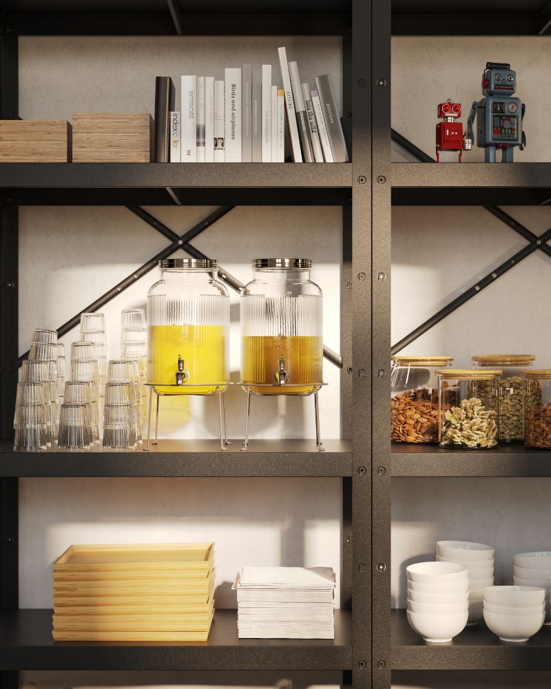 Well-organized pantry with BROR shelving, VARDAGEN containers, IKEA 365+ bowl, OSTBIT tray and EKLATANT jars.