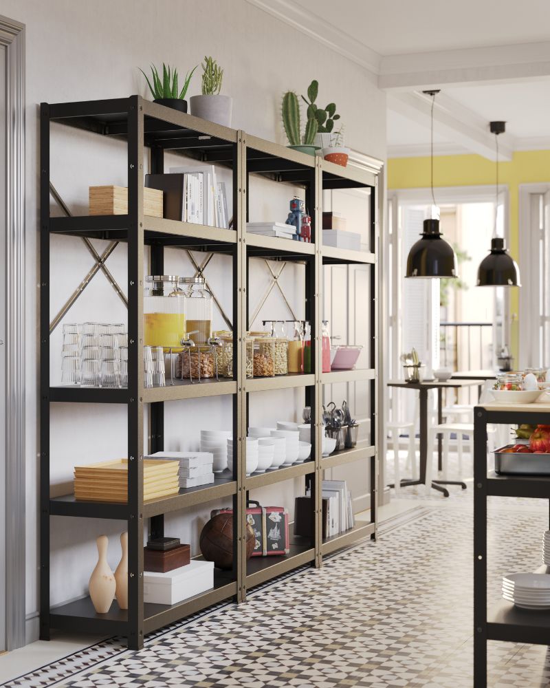 Organized pantry with BROR shelving, IKEA 365+ bowls and cutlery, UPPDATERA cutlery holders, and OSTBIT trays.
