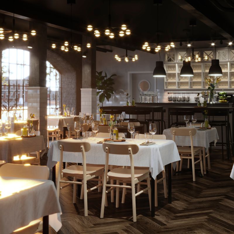 Cozy restaurant with STRANDTORP extendable table, RÖNNINGE chairs, HEKTAR pendant lamp and SILVERARV tablecloth.