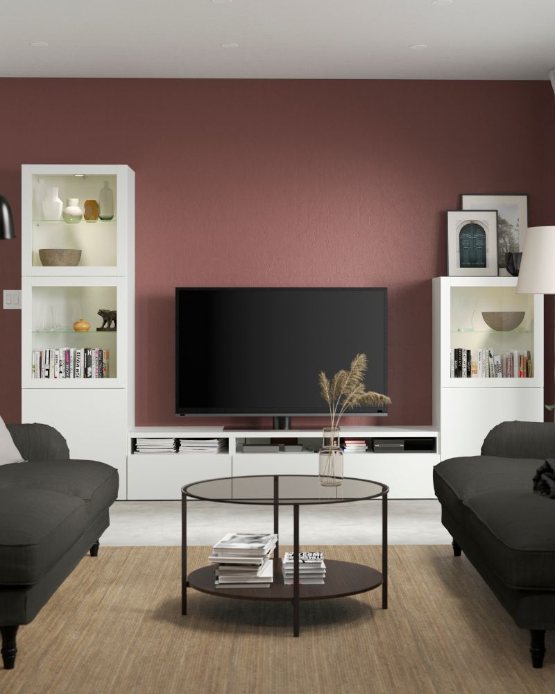 Elegant living room with BESTÅ TV storage, VITTSJÖ coffee table, LOHALS rug and NYFORS floor lamp
