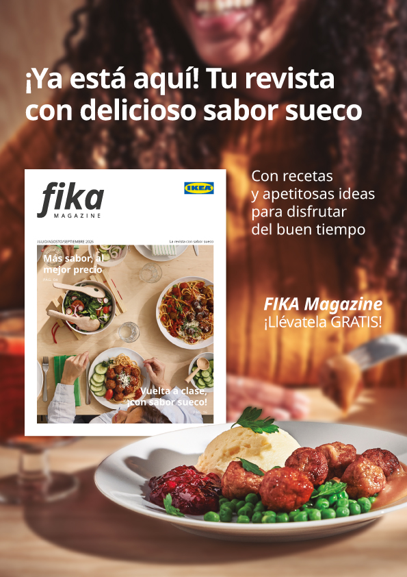 An IKEA advertisement for the free "fika MAGAZINE". It features text promoting Swedish flavors and shows the magazine cover with a sunny outdoor table full of food and colorful drinks.