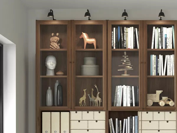 Wooden bookcase with glass doors illuminated by top picture lights.