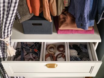 Functional storage with FÅGELFJÄLLET chest, BAXNA organizers and FJÄDERHARV storage box.