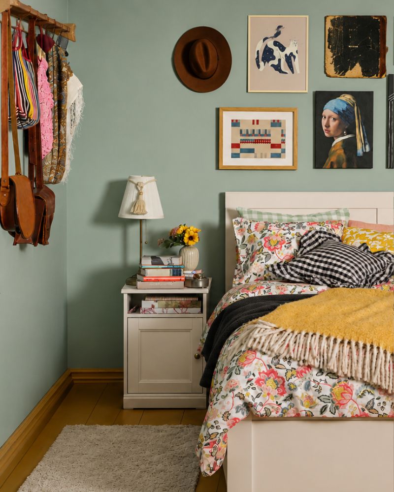 Charming bedroom with FÅGELFJÄLLET bed frame and nightstand, DAGGSALVIA duvet cover, ÅRSTID lamp and HUMLEMOTT throw.