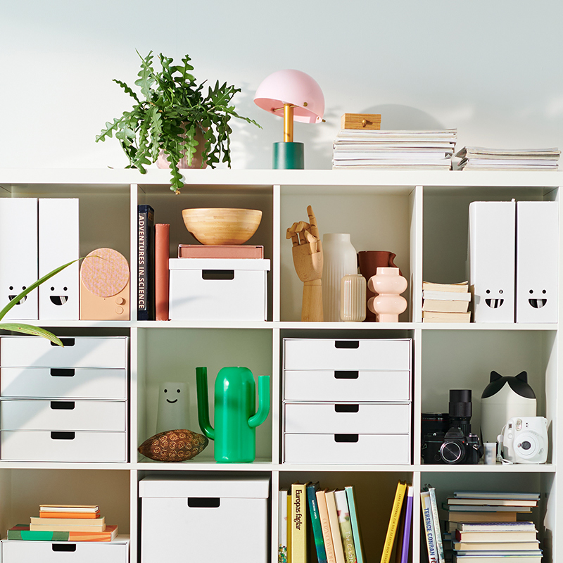 White IKEA KALLAX shelf unit organized with magazine files, storage boxes, books, plants, and decorative accessories in a bright room.