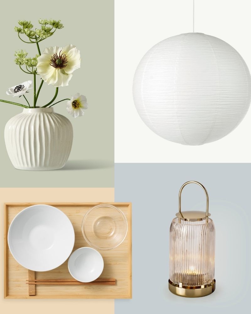Minimalist dining setup with PELARBJÖRK vase, GULLSUDARE pendant shade, OSTBIT tray, OFTAST bowl and GODMIDDAG bowl.