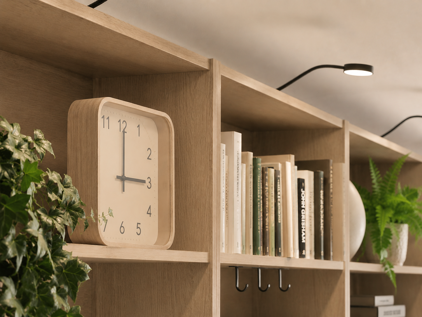 Square light wood clock on a dark walnut shelf next to books, green leafy plants, and top spotlighting.