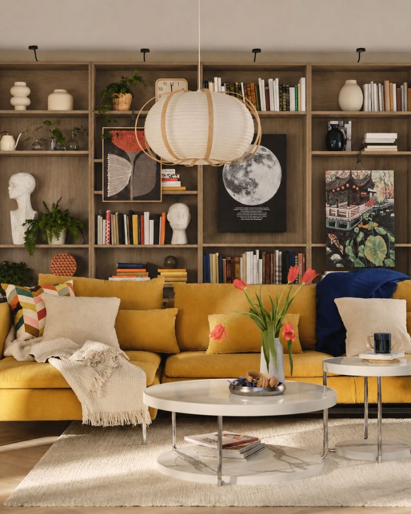 Un salón cuenta con un sofá-cama SÖDERHAMN de cuatro plazas en amarillo oscuro con chaise longue, junto a una mesa de centro y una decoración vibrante.