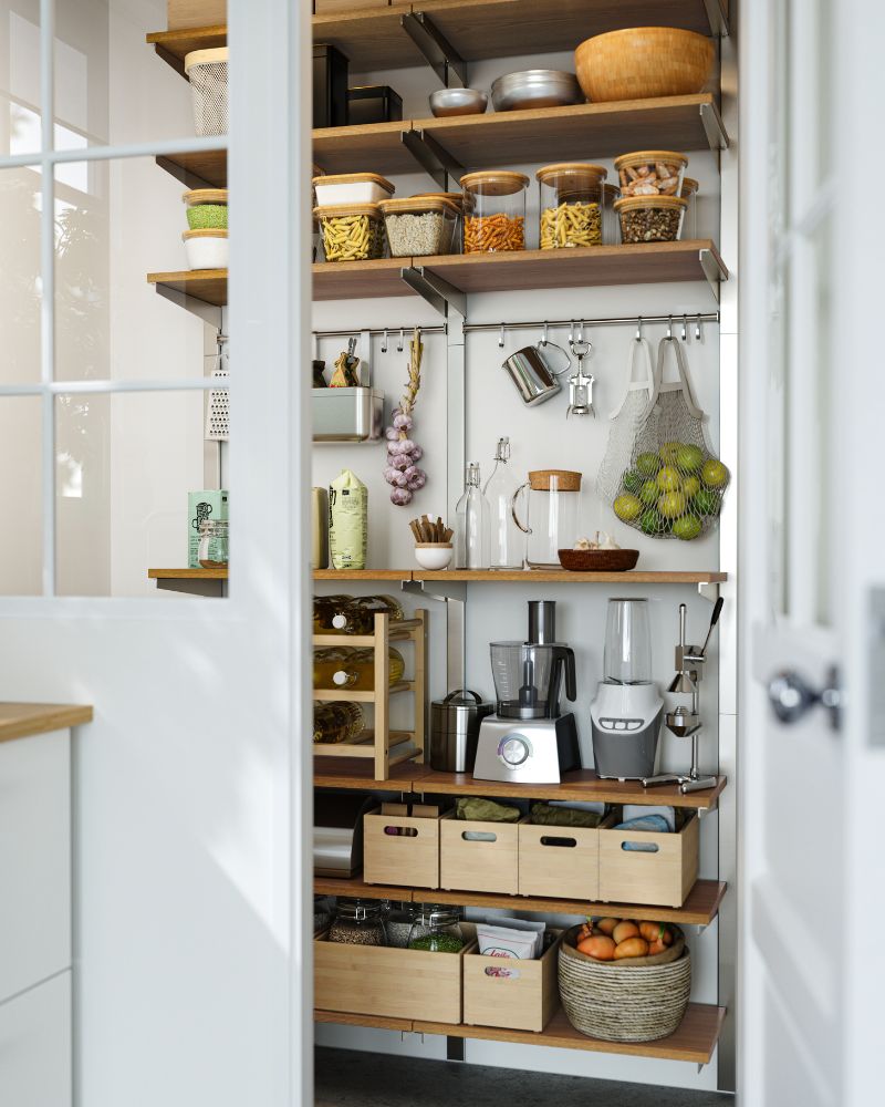 La pared de una despensa tipo «walk-in» bien organizada, equipada con una gran variedad de estantes, rieles, tarros y cajas.