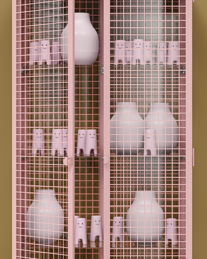 A light-pink IKEA PS 2026 glass-door cabinet, doors slightly ajar and with pink FRÖVÄXT and GRADVIS vases on its shelves.