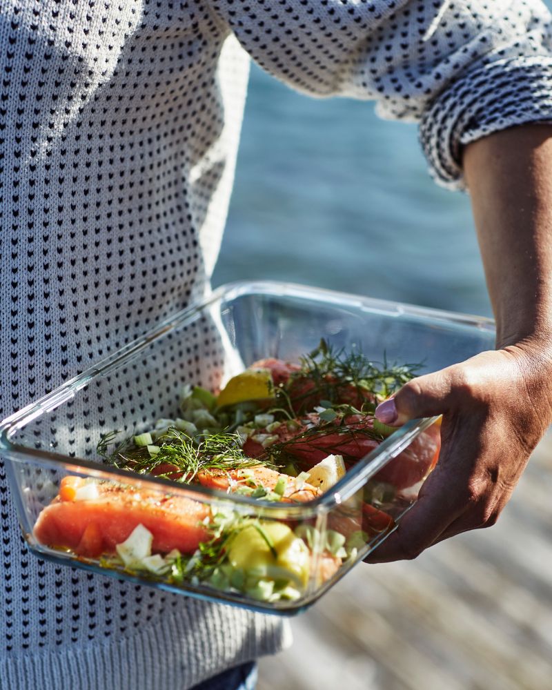 Outdoor picnic with IKEA 365+ container and SJÖRAPPORT salmon fillet.   
