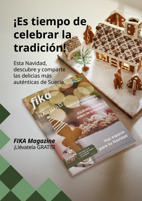An IKEA advertisement for the free "fika MAGAZINE". It features text promoting Swedish flavors and shows the magazine cover with a sunny outdoor table full of food and colorful drinks.
