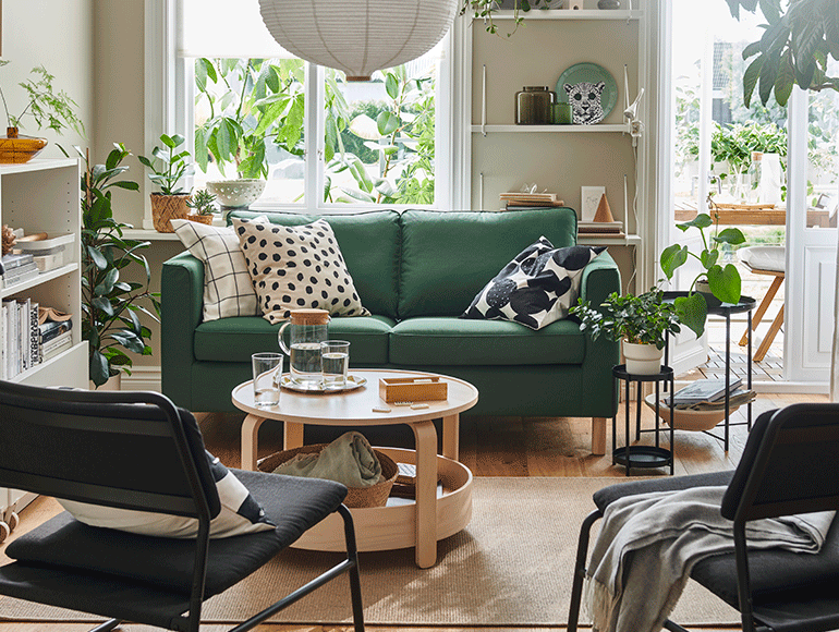 A modern living room bursting with life