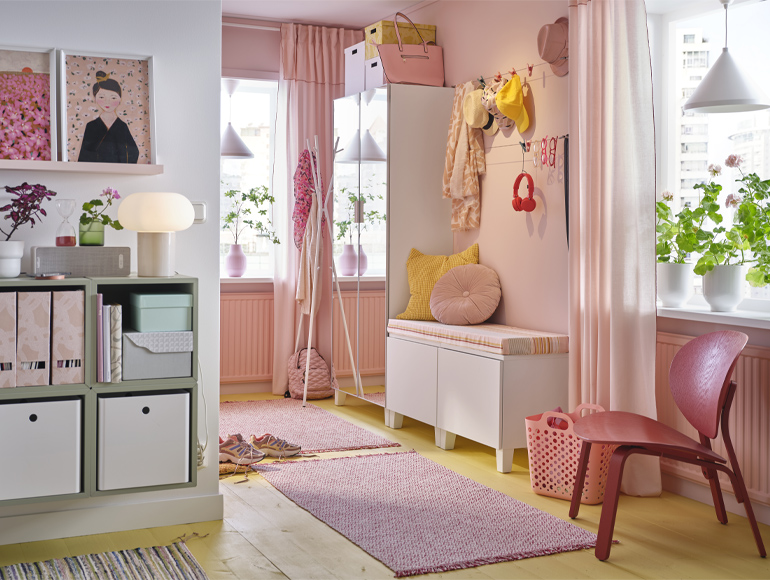 A colorful hallway with lots of storage