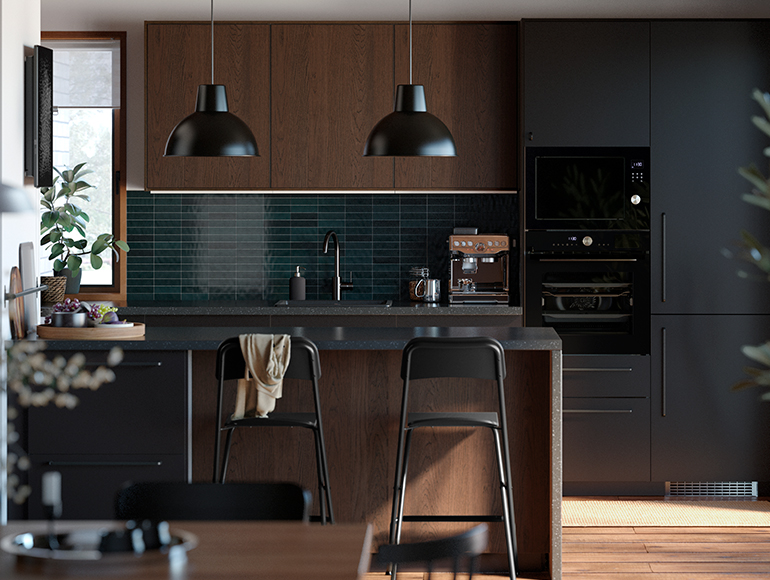 A modern, family-friendly U-shaped kitchen in dark wood and matt black