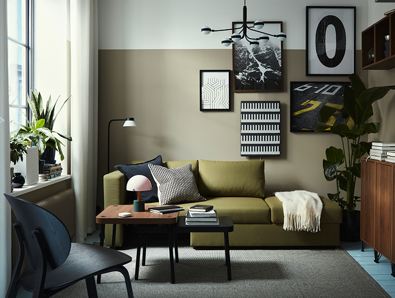 Earthy colors set the mood in a small, flexible living room